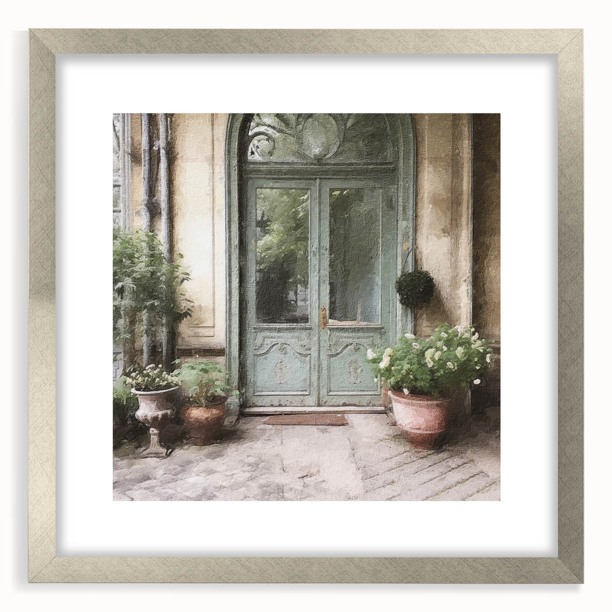 Textured abstract art print featuring an intricate door design in muted earth tones, presented in a silver frame with mat.