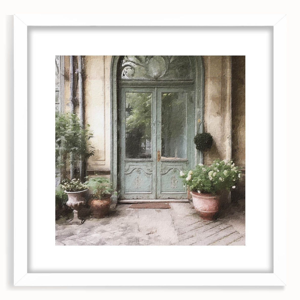 Abstract art print of a minimalist French door design in monochrome, framed in white, ideal for dining room decor.