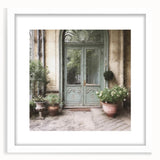 Abstract art print of a minimalist French door design in monochrome, framed in white, ideal for dining room decor.