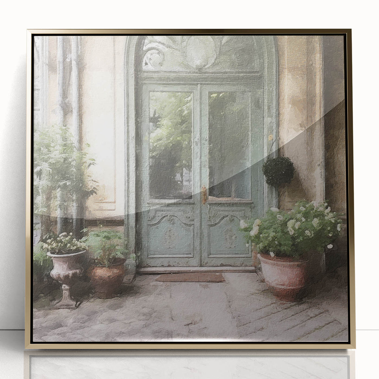 Mid-century modernist acrylic print of a French door in gold tones, ideal for modern art wall decor.