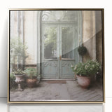Mid-century modernist acrylic print of a French door in gold tones, ideal for modern art wall decor.