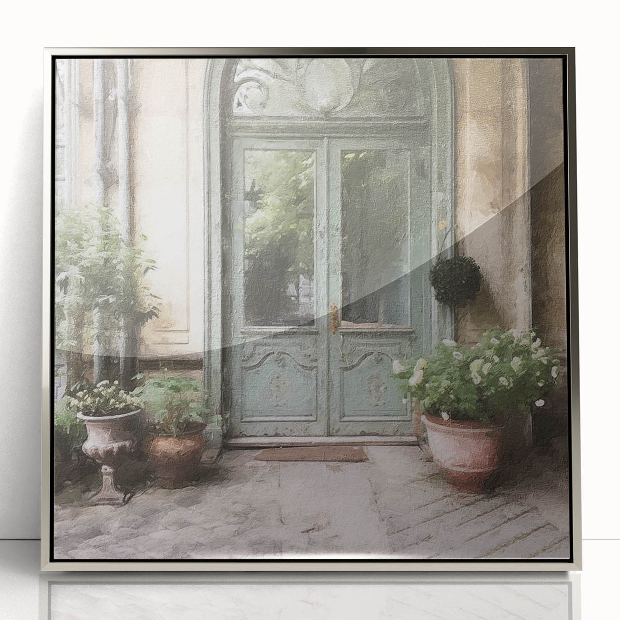 Mid-century modernist art of a French door architecture in a silver-framed acrylic print, suitable for nursery wall art.