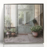 Mid-century modernist art of a French door architecture in a silver-framed acrylic print, suitable for nursery wall art.