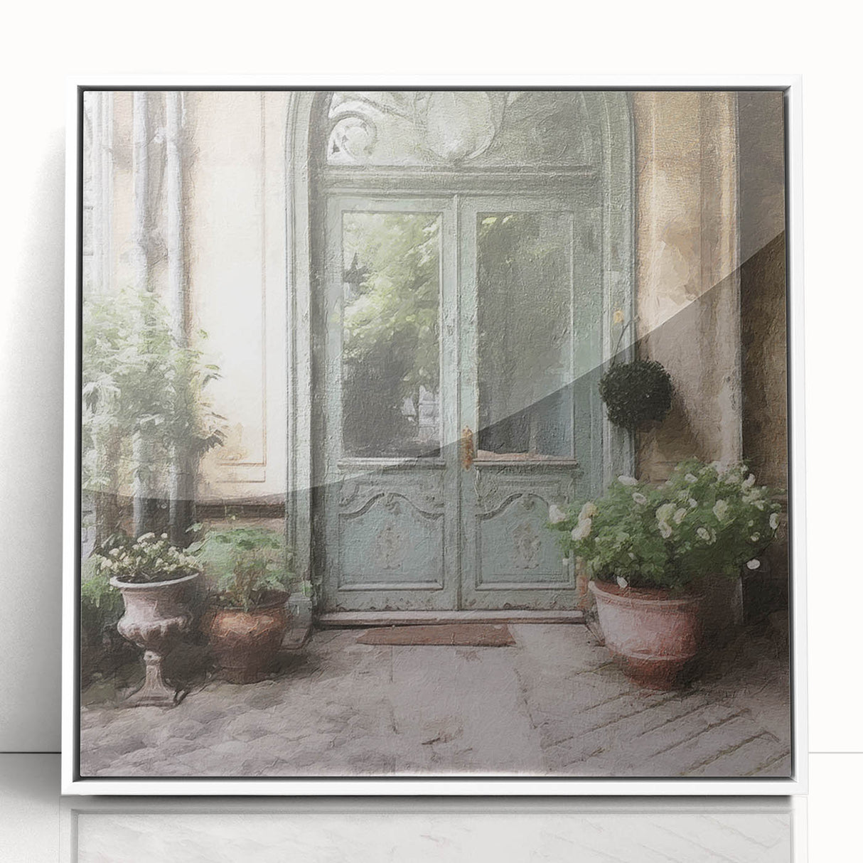 Art Deco style poster featuring a detailed illustration of a French door, set in a white acrylic frame.