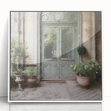 Art Deco style poster featuring a detailed illustration of a French door, set in a white acrylic frame.