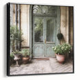 Black and white photo of a vintage French door on framed canvas, ideal for bedroom wall art.