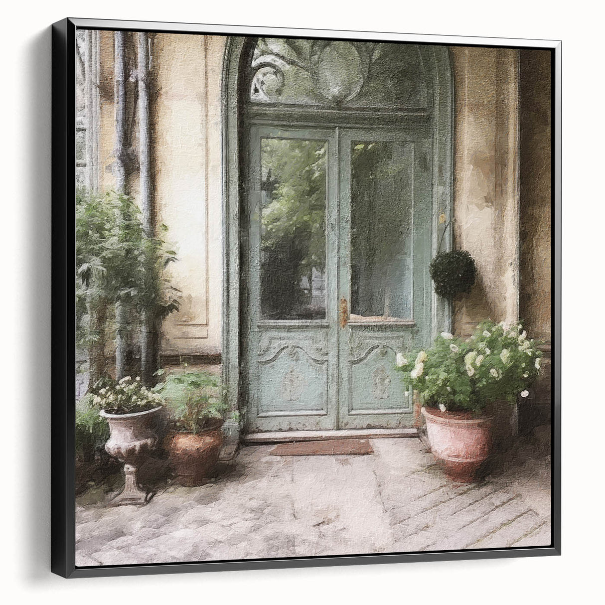 Black and white photo of a vintage French door on framed canvas, ideal for bedroom wall art.