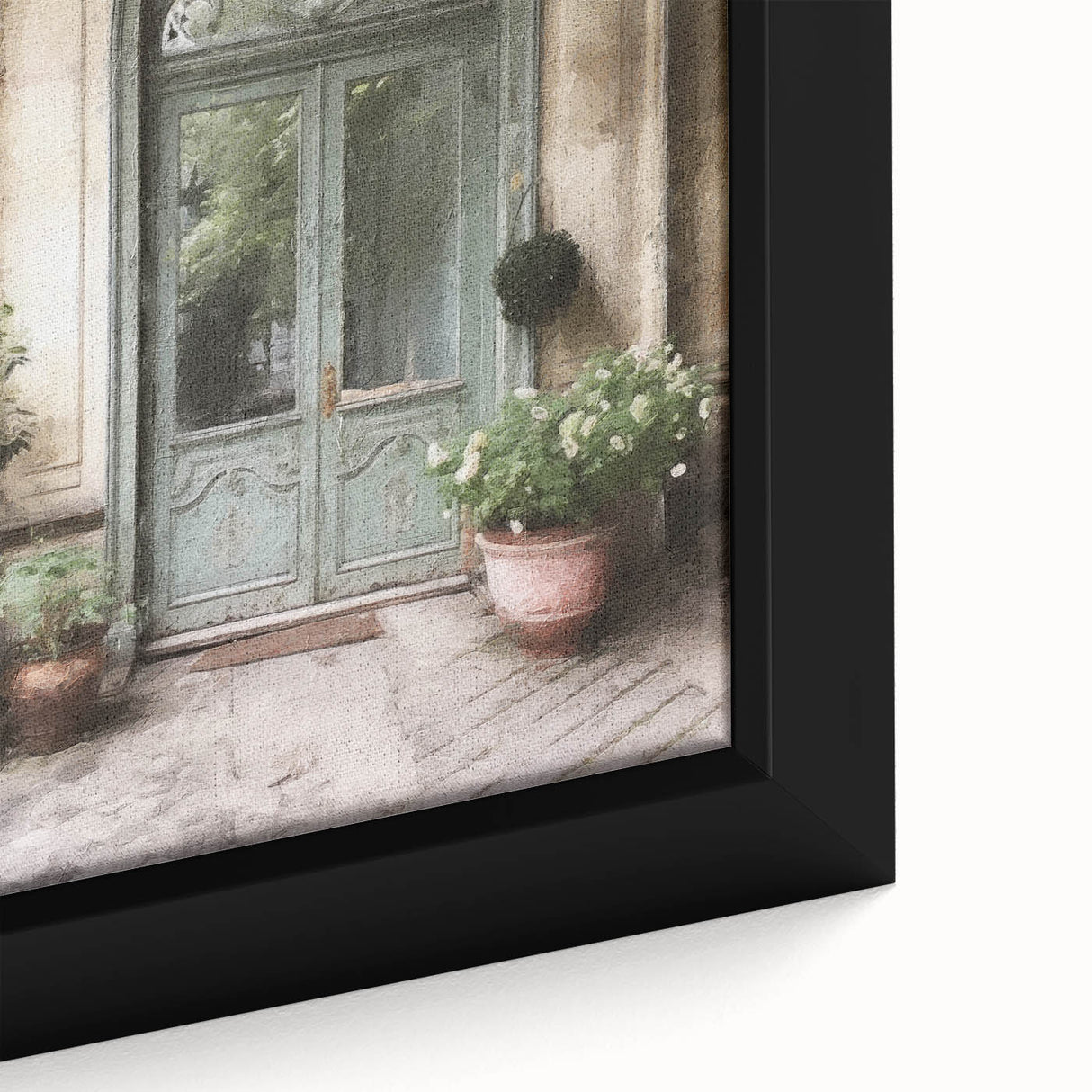 Close-up of a black, textured door depicted in vibrant, colorful art on an extra-large framed canvas.