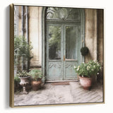 Framed canvas featuring a vintage poster of a French door architecture in silver and gold tones.