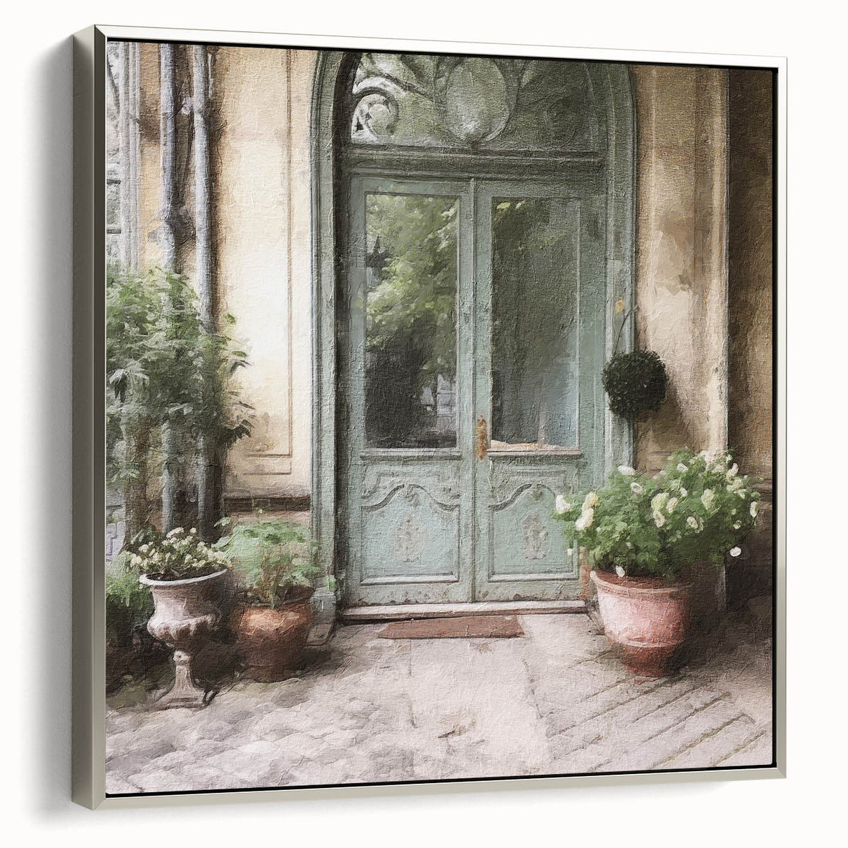 Framed canvas depicting a vintage poster of a French door in landscape format, with black and colorful art elements.
