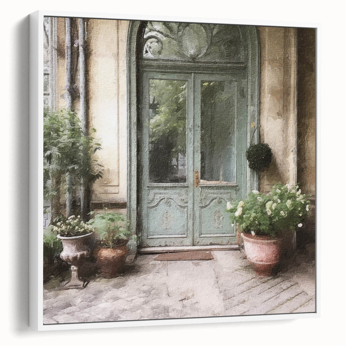 Vintage poster art of a French door, rendered in black and colorful art on a framed canvas.