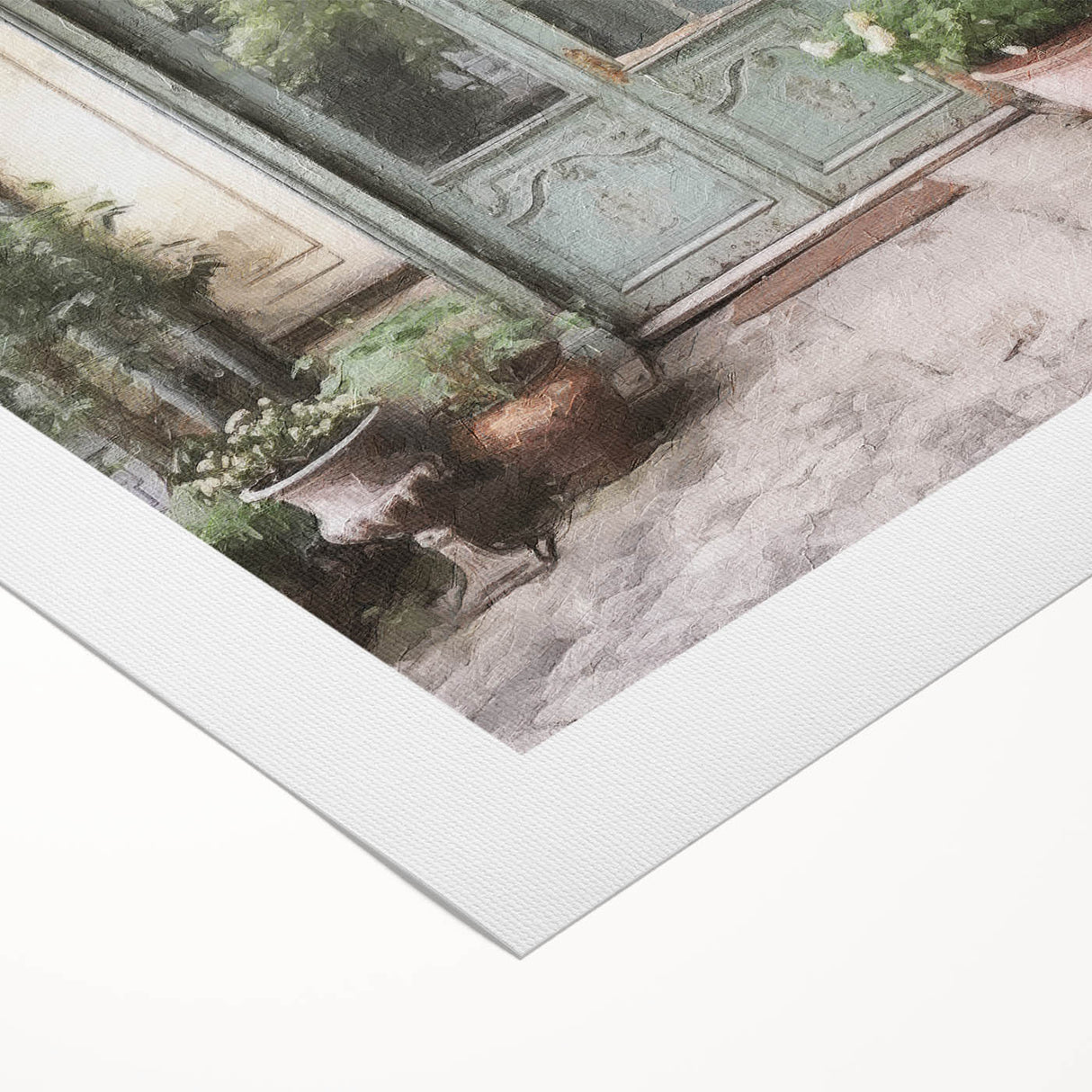 Art deco poster featuring a detailed French door design in neutral tones on a rolled canvas.