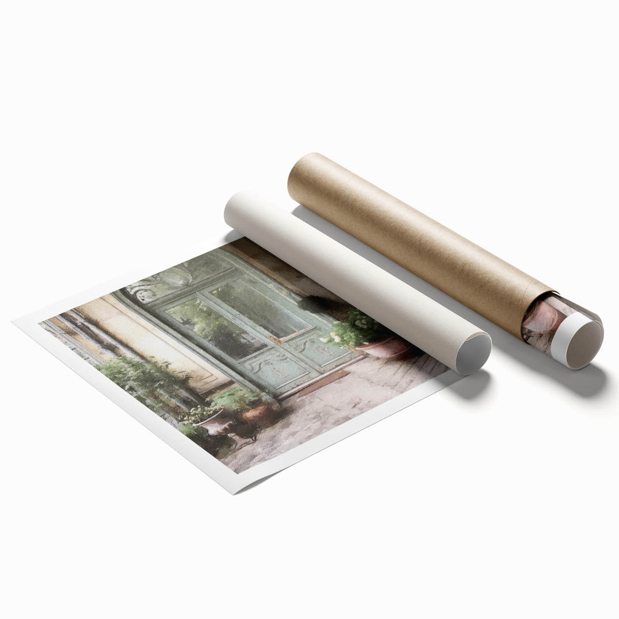 Extra large rolled print of a French door architecture in muted earth tones, ideal for classy bathroom wall art.