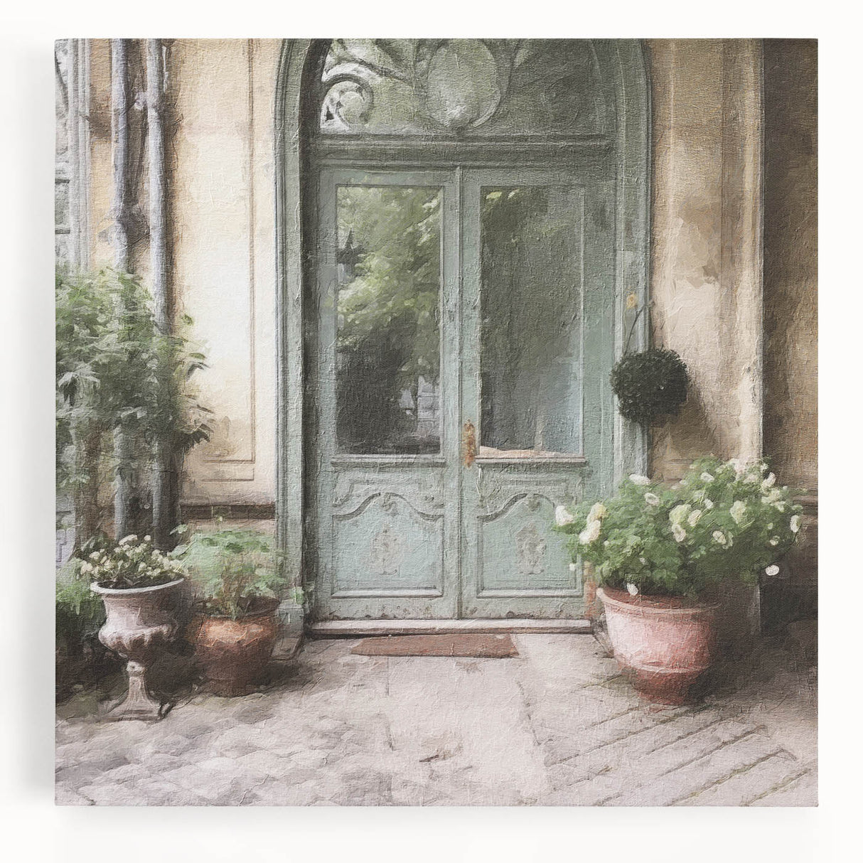 Black and white photograph of a French door on stretched canvas, ideal for kitchen wall art.