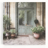 Black and white photograph of a French door on stretched canvas, ideal for kitchen wall art.