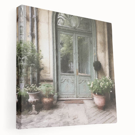 Side view of a large stretched canvas depicting a detailed French door architecture, in neutral tones.