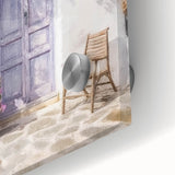 Close-up of a Greek architecture door depicted in mid-century modernist style on acrylic glass, ideal for dining room art.