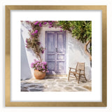 Extra large abstract art print featuring a textured depiction of a Greek door, in gold and white tones, framed with a mat.