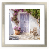 Textured abstract art print depicting a Greek door, rendered in muted earth tones on a framed canvas.