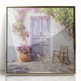 Mid-century modernist framed acrylic print of a Greek door, gold tones, ideal for modern art wall decor.