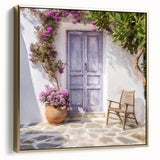 Framed canvas wall art featuring a vintage poster of a Greek door in silver and gold tones, ideal for bedroom decor.