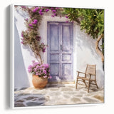Vintage poster art of a white Greek door on framed canvas, ideal for living room decor.