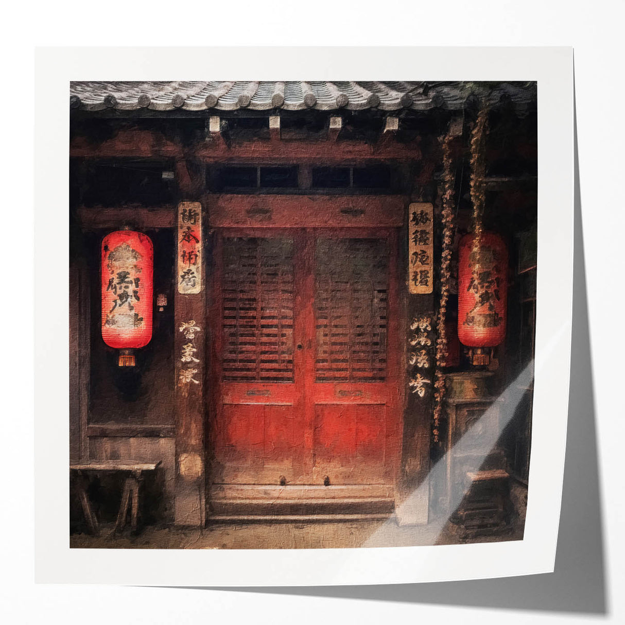 Japanese-style door in muted earth tones on a glossy photo print, suitable for art wall dining room or classy bathroom decor.