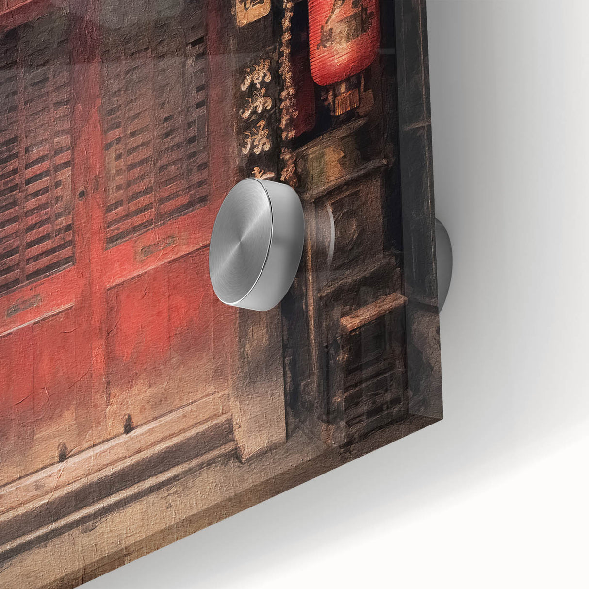 Mid-century modernist acrylic print featuring a close-up of a Japanese door, in muted earth tones, ideal for dining room art.