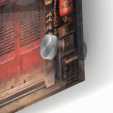 Mid-century modernist acrylic print featuring a close-up of a Japanese door, in muted earth tones, ideal for dining room art.