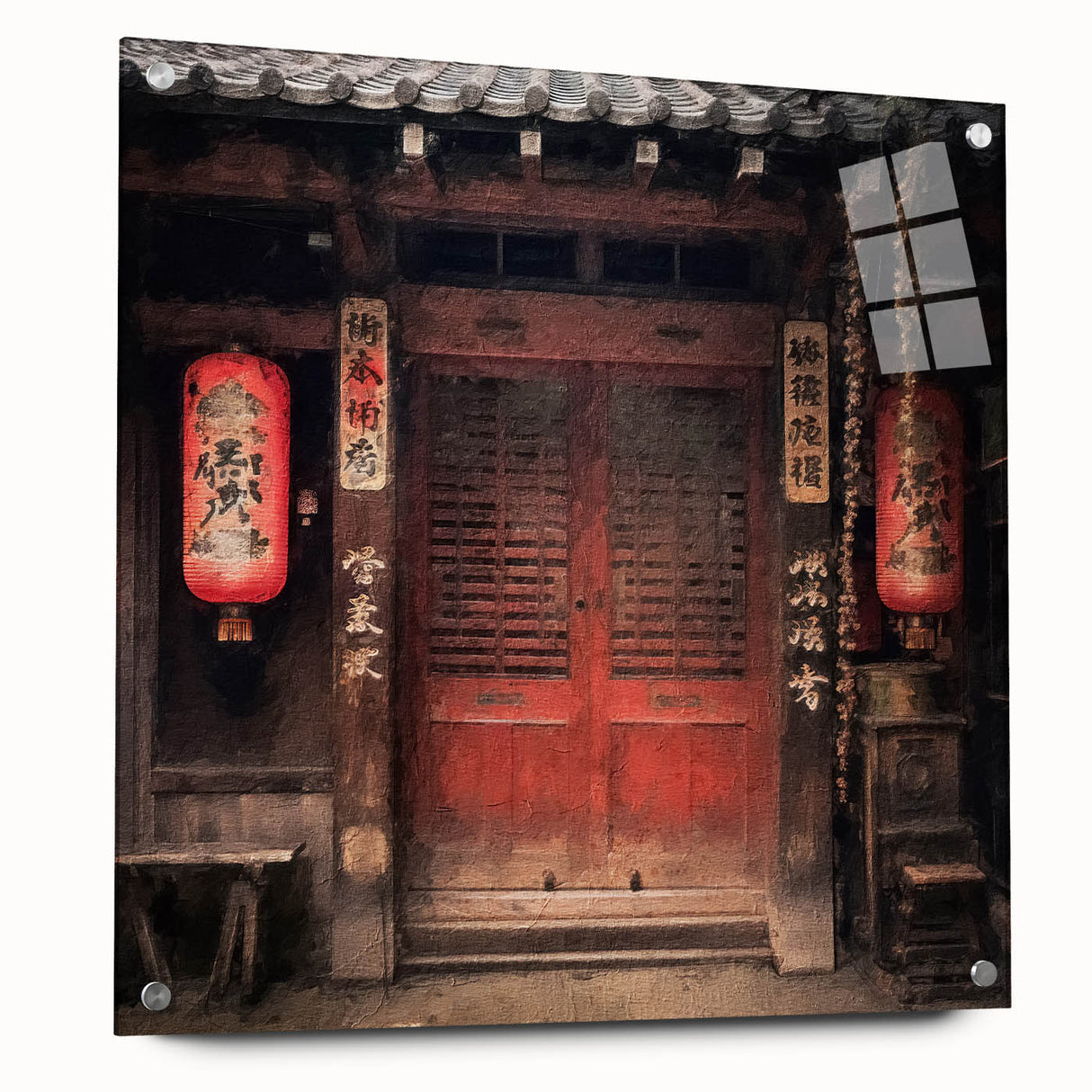 Acrylic print of a Japanese door in muted earth tones, ideal for bedroom or dining room decor.
