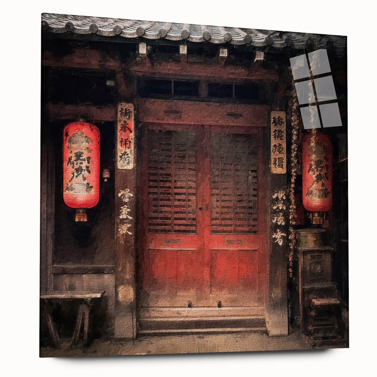 Large abstract wall art of a Japanese door design in muted beige and brown tones, acrylic print.