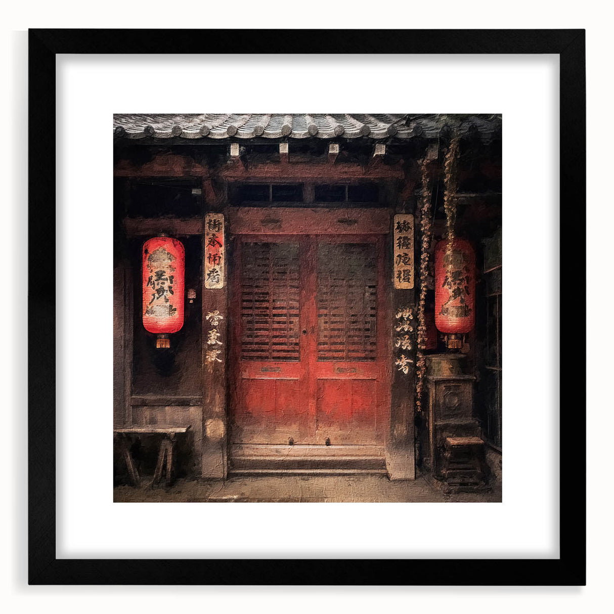 Abstract art print featuring vibrant colored doors in a textured style, framed in black, ideal for living room decor.