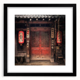 Abstract art print featuring vibrant colored doors in a textured style, framed in black, ideal for living room decor.