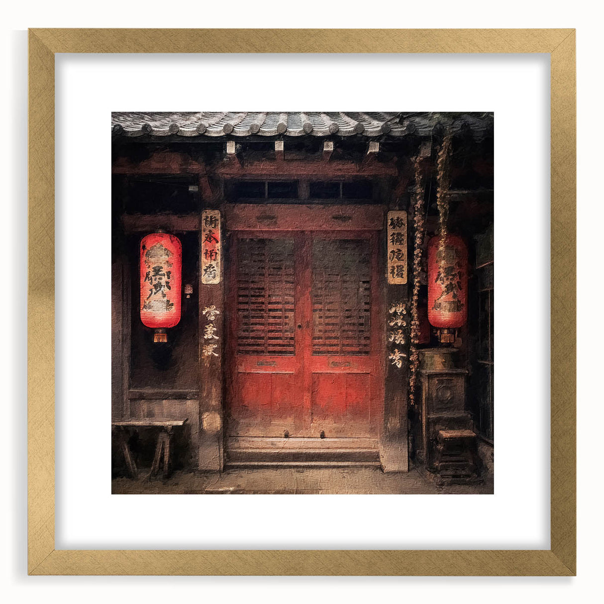 Extra large textured abstract art print depicting a Japanese door, in gold frame, suitable for living room decor.