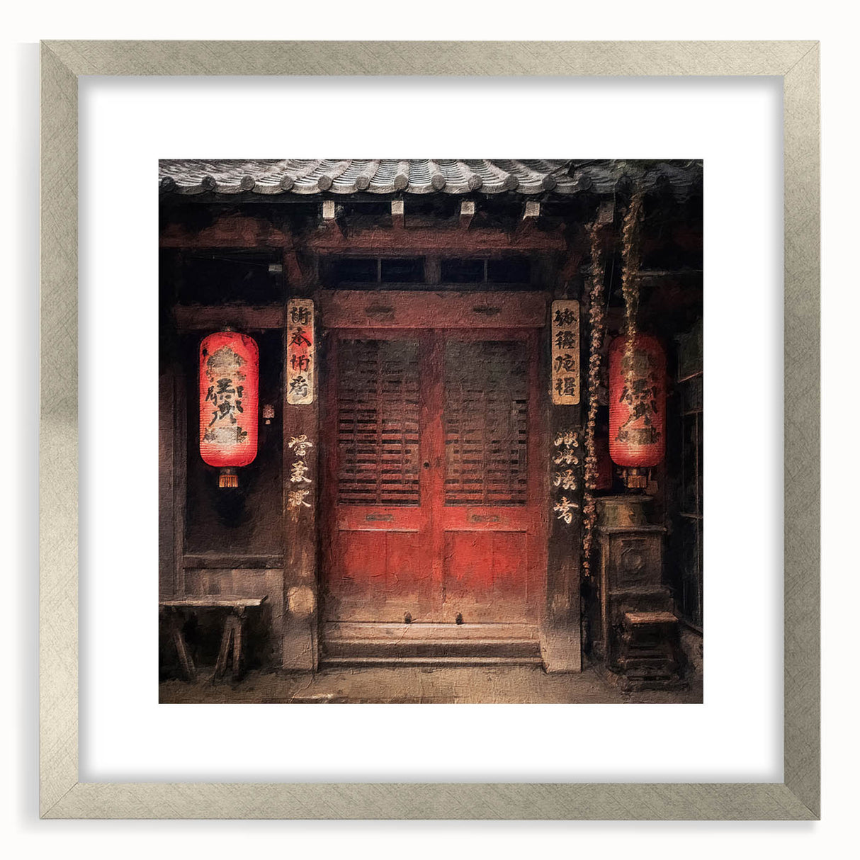 Textured art print of a Japanese door in muted gray and blue tones on a framed silver mat, suitable for bedroom art.