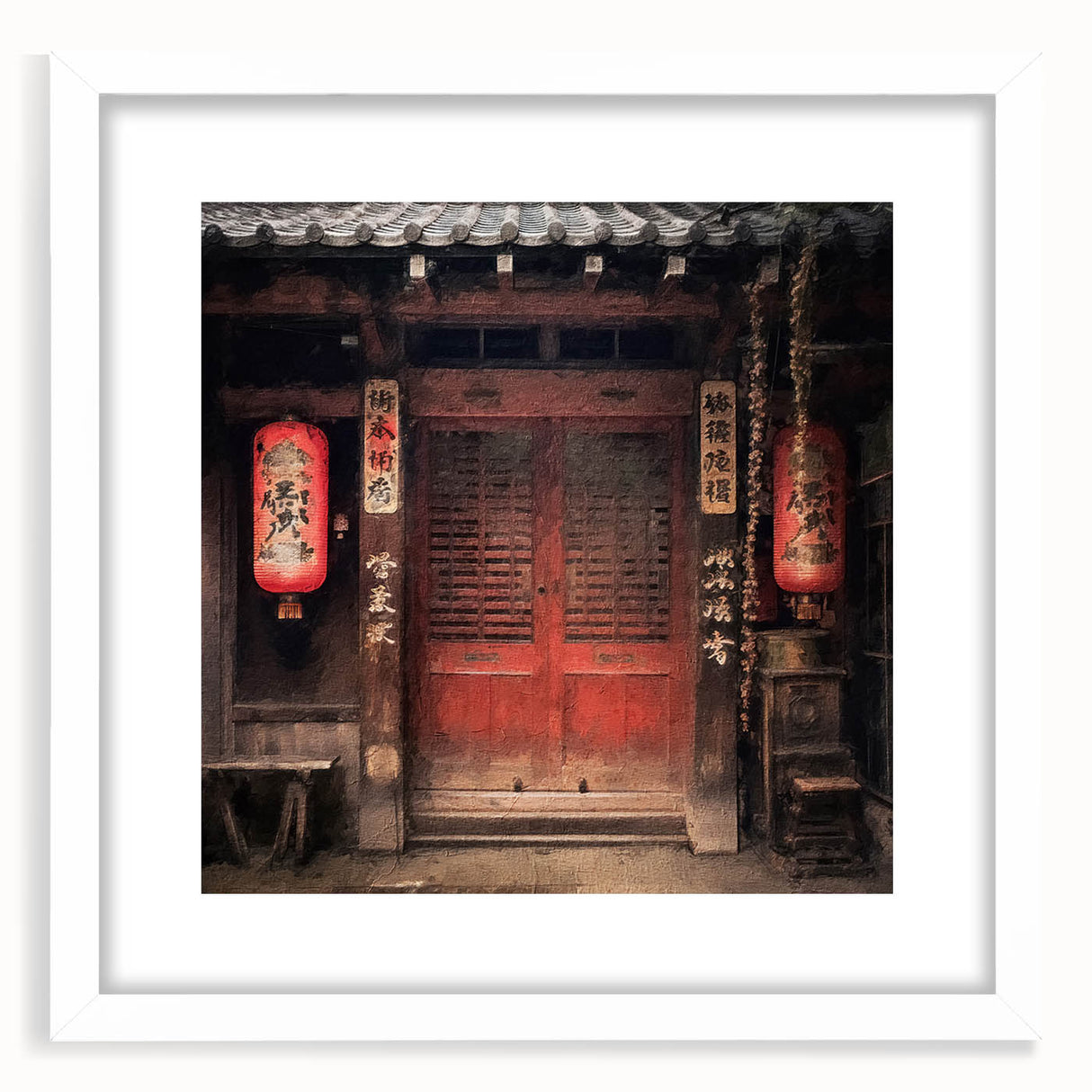 Abstract art print of a Japanese door in black and white, framed with a white mat, suitable for bedroom or dining room decor.