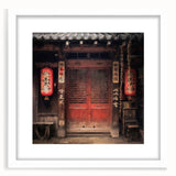 Abstract art print of a Japanese door in black and white, framed with a white mat, suitable for bedroom or dining room decor.