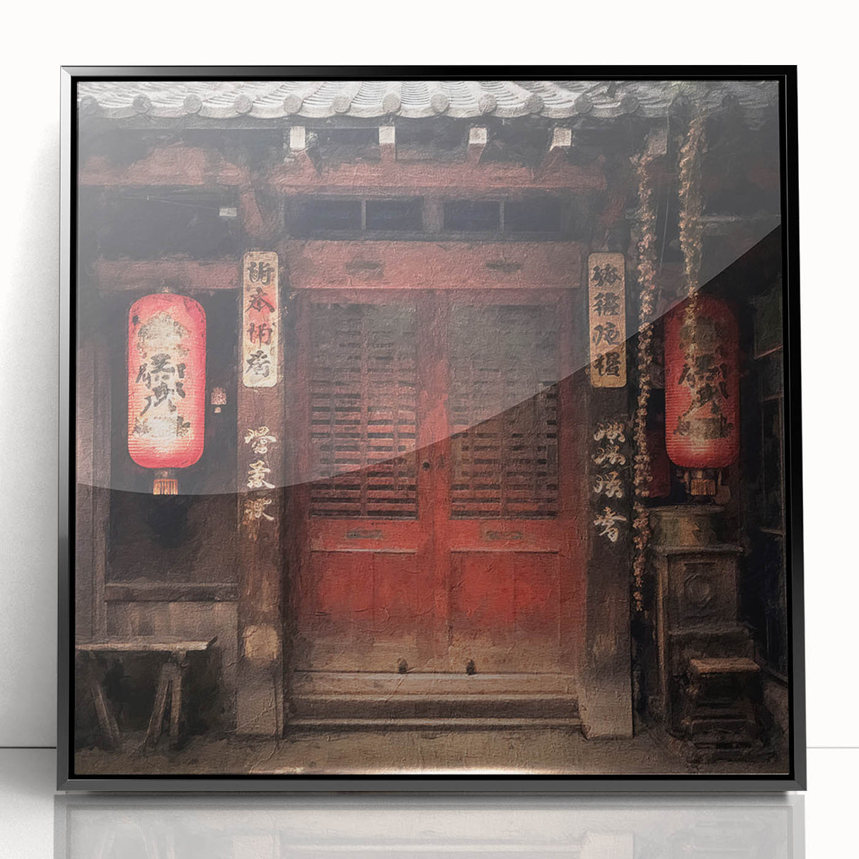 Large abstract wall art featuring a Japanese door design in black and white, framed acrylic.