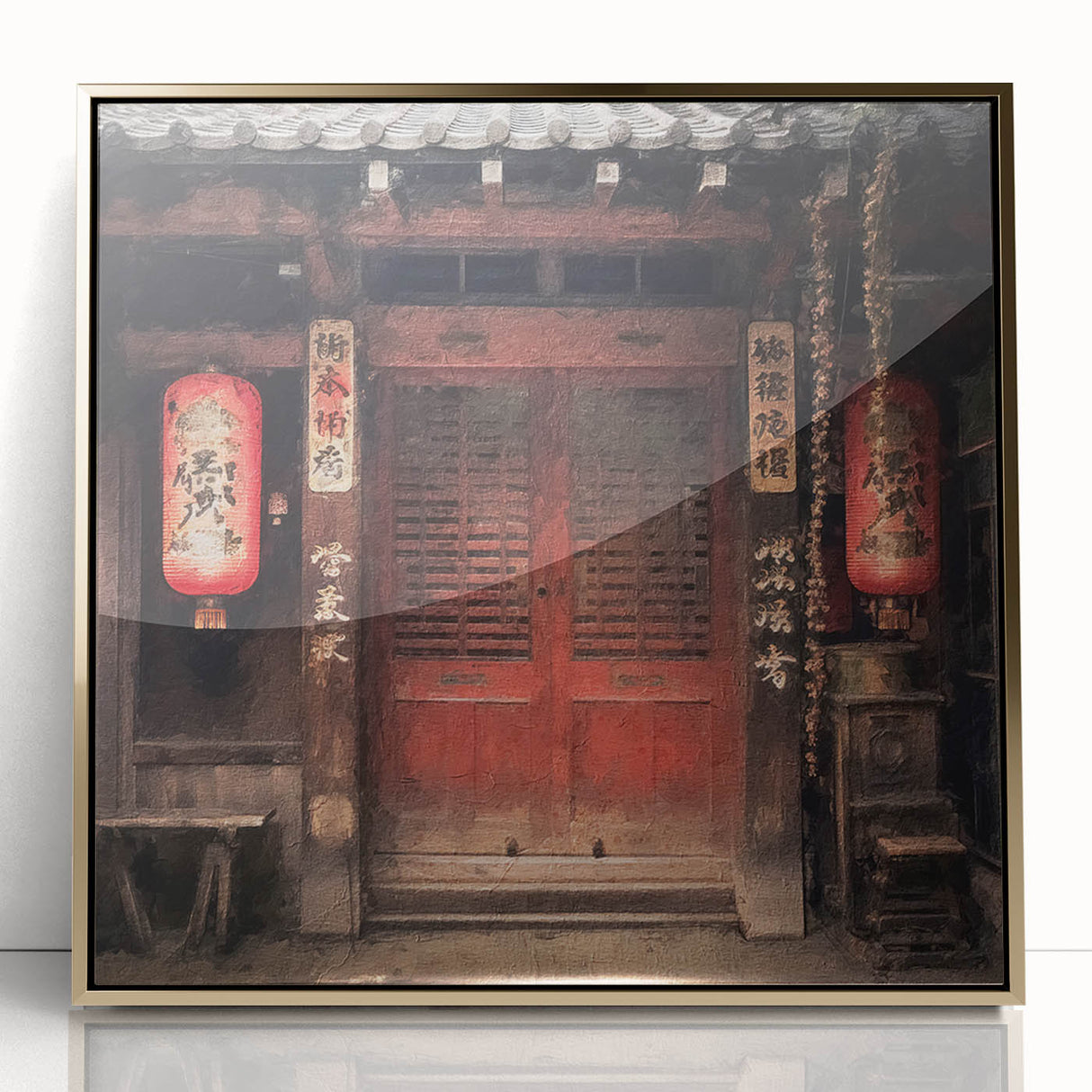 Mid-century modernist Japanese door design in gold and black hues on framed acrylic, suitable for nursery wall art.