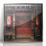 Mid-century modernist art depicting a Japanese architecture door in silver-framed acrylic, suitable for nursery wall art.