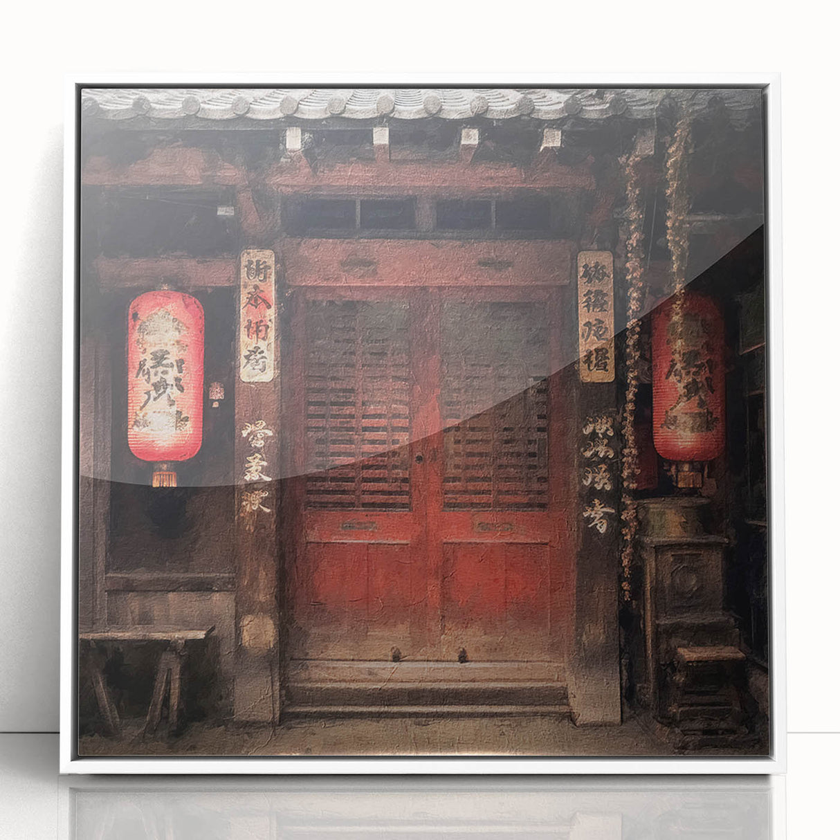 Art deco poster featuring a minimalist Japanese door design in black and white on framed acrylic.