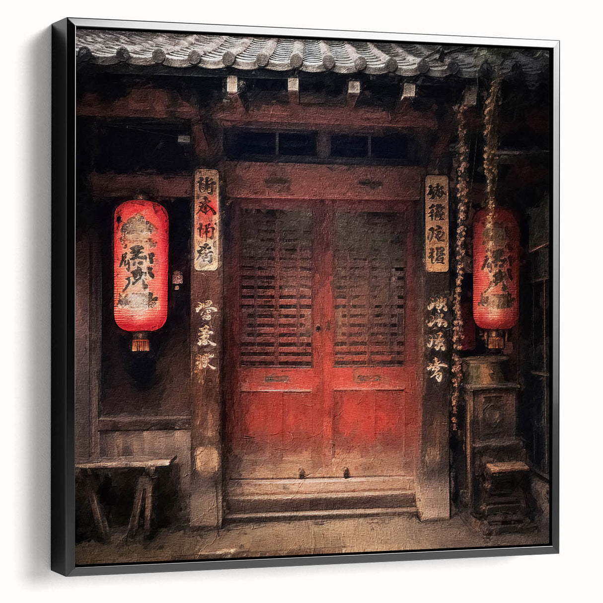 Black and white landscape art painting of a vintage Japanese door on framed canvas, ideal for bedroom wall art.