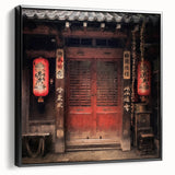 Black and white landscape art painting of a vintage Japanese door on framed canvas, ideal for bedroom wall art.