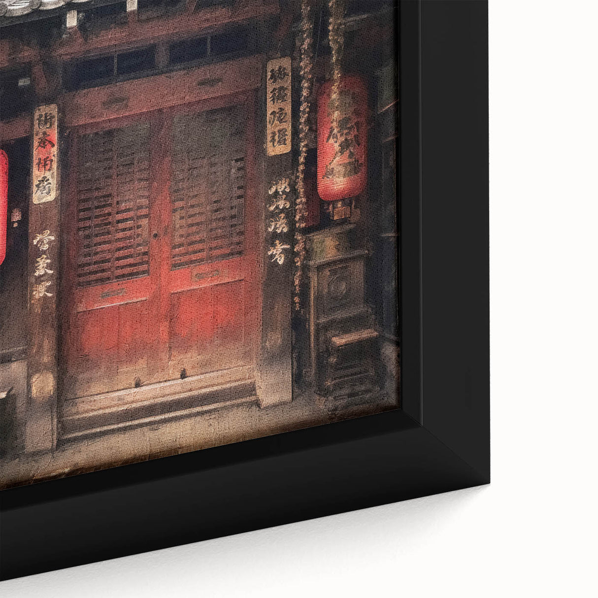 Close-up of a black framed canvas featuring a textured, colorful Japanese door design, ideal for living room wall art.
