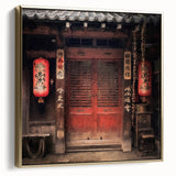 Framed canvas featuring a vintage Japanese door design in silver and gold tones, ideal for bedroom wall art.