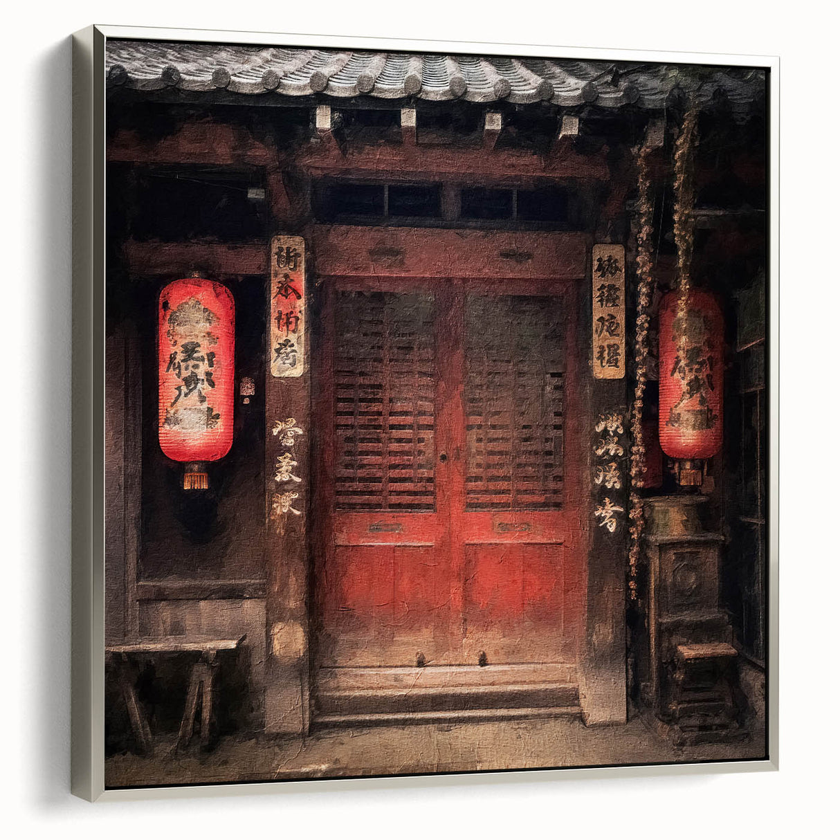 Framed canvas featuring a vintage Japanese door design in black with colorful accents.