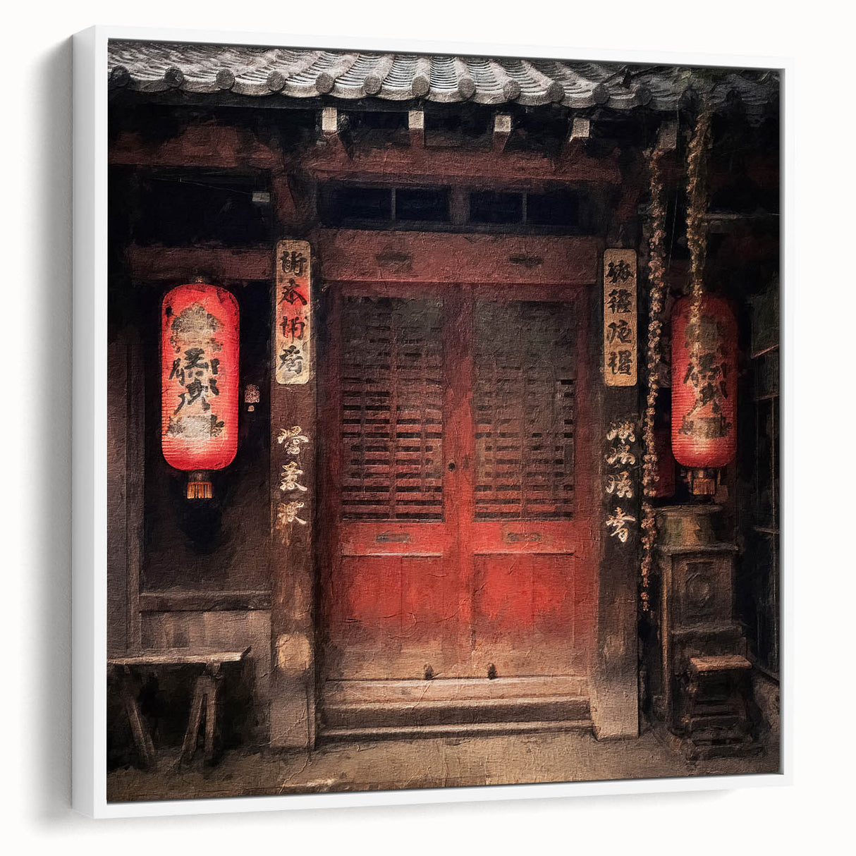 Framed canvas vintage poster art of a Japanese door in black with colorful accents, suitable for living room decor.