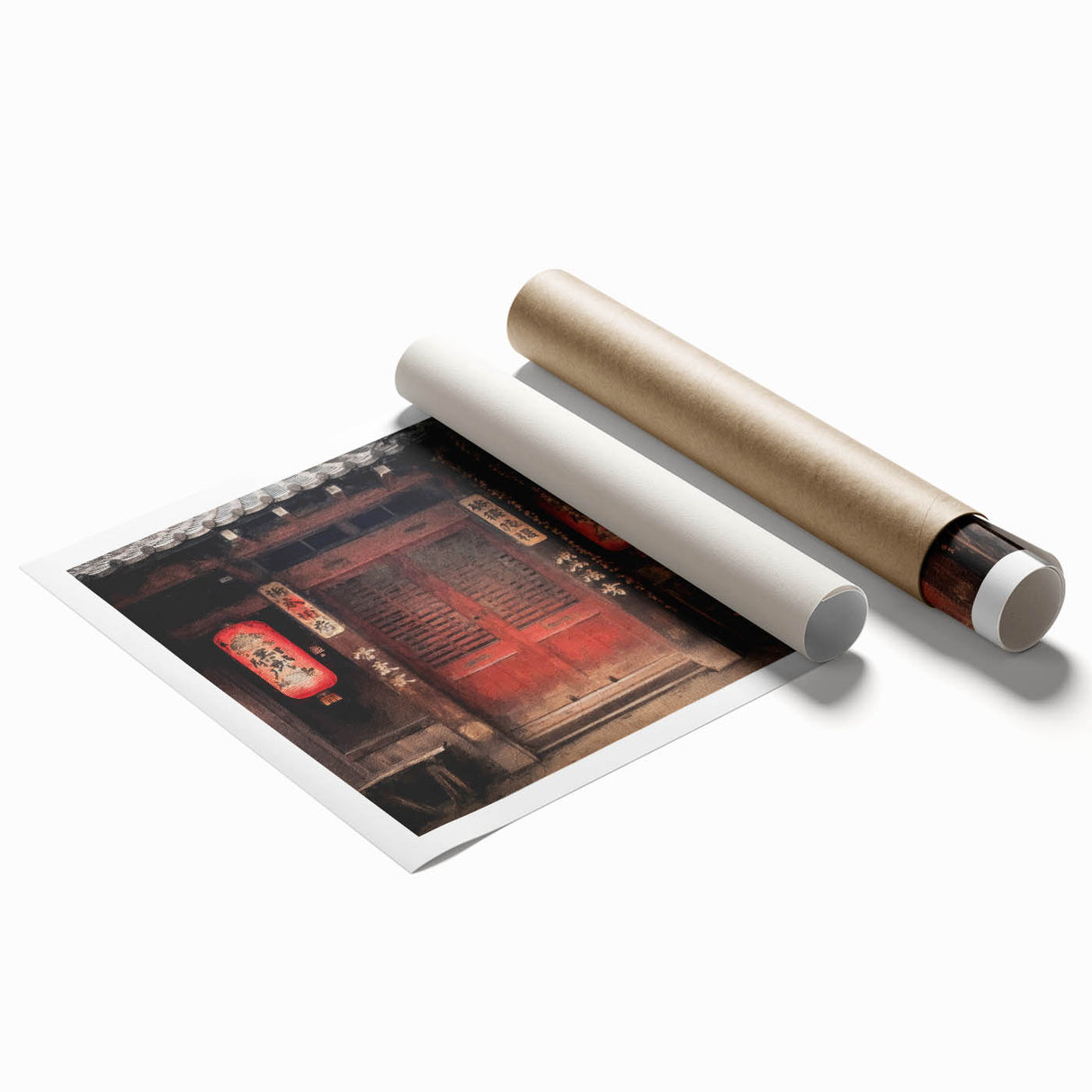 Extra large rolled print featuring a detailed Japanese door design in muted earth tones.