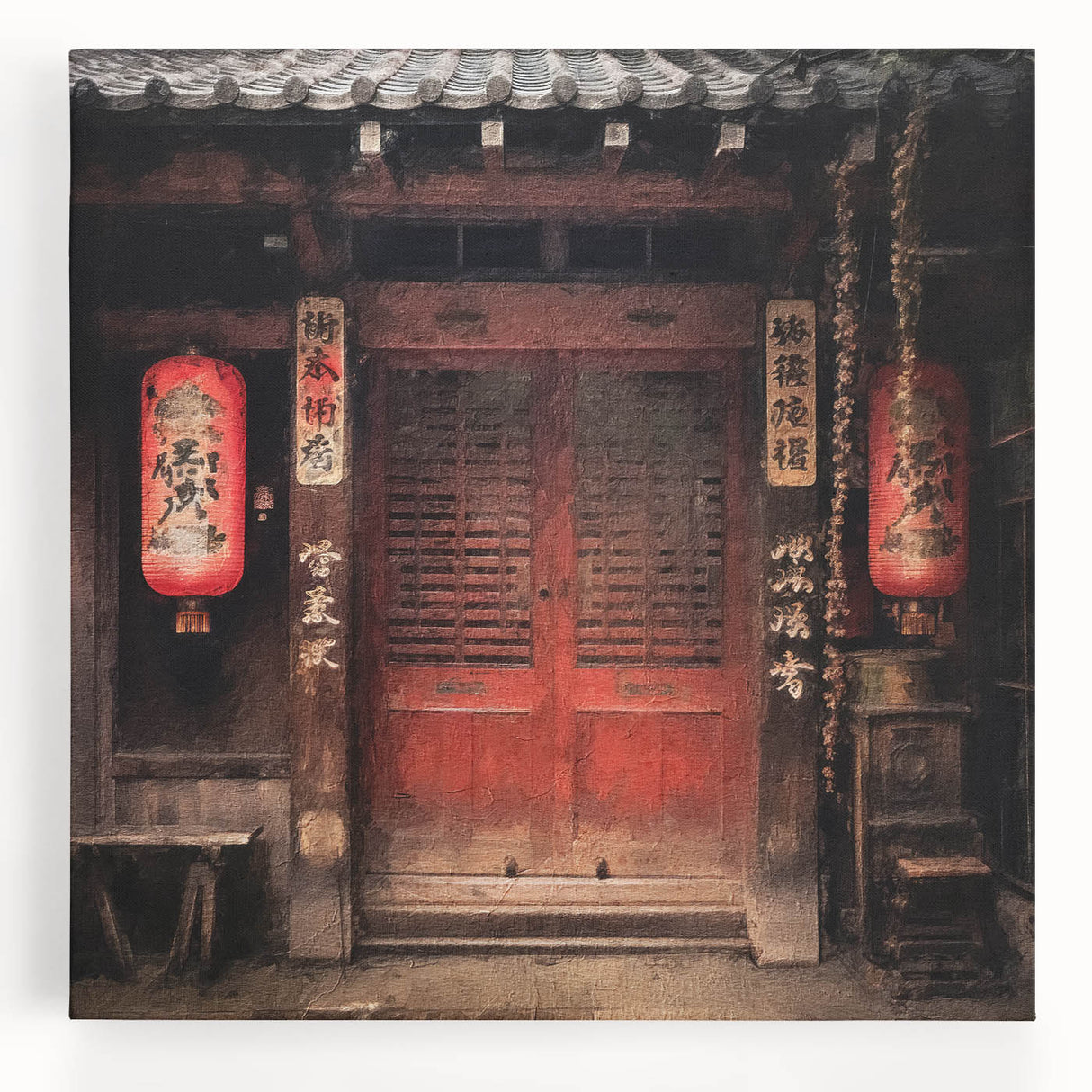 Black and white photo of a Japanese door on stretched canvas, ideal for kitchen wall art.