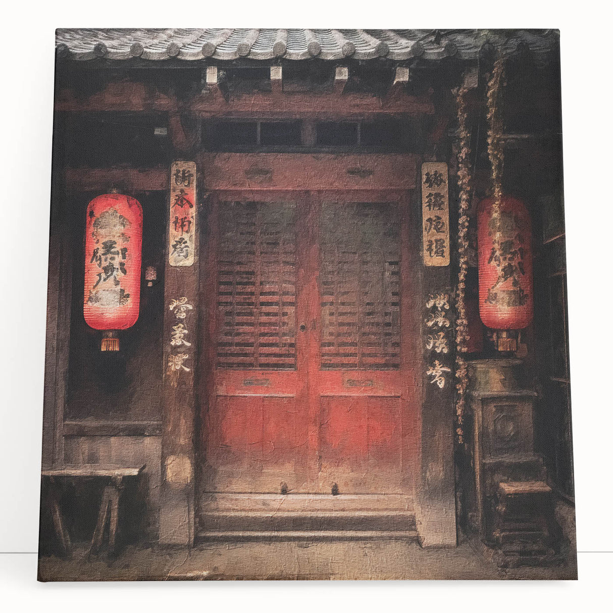 Black and white photo of a Japanese door on stretched canvas, ideal for kitchen wall art or bedroom ambiance.